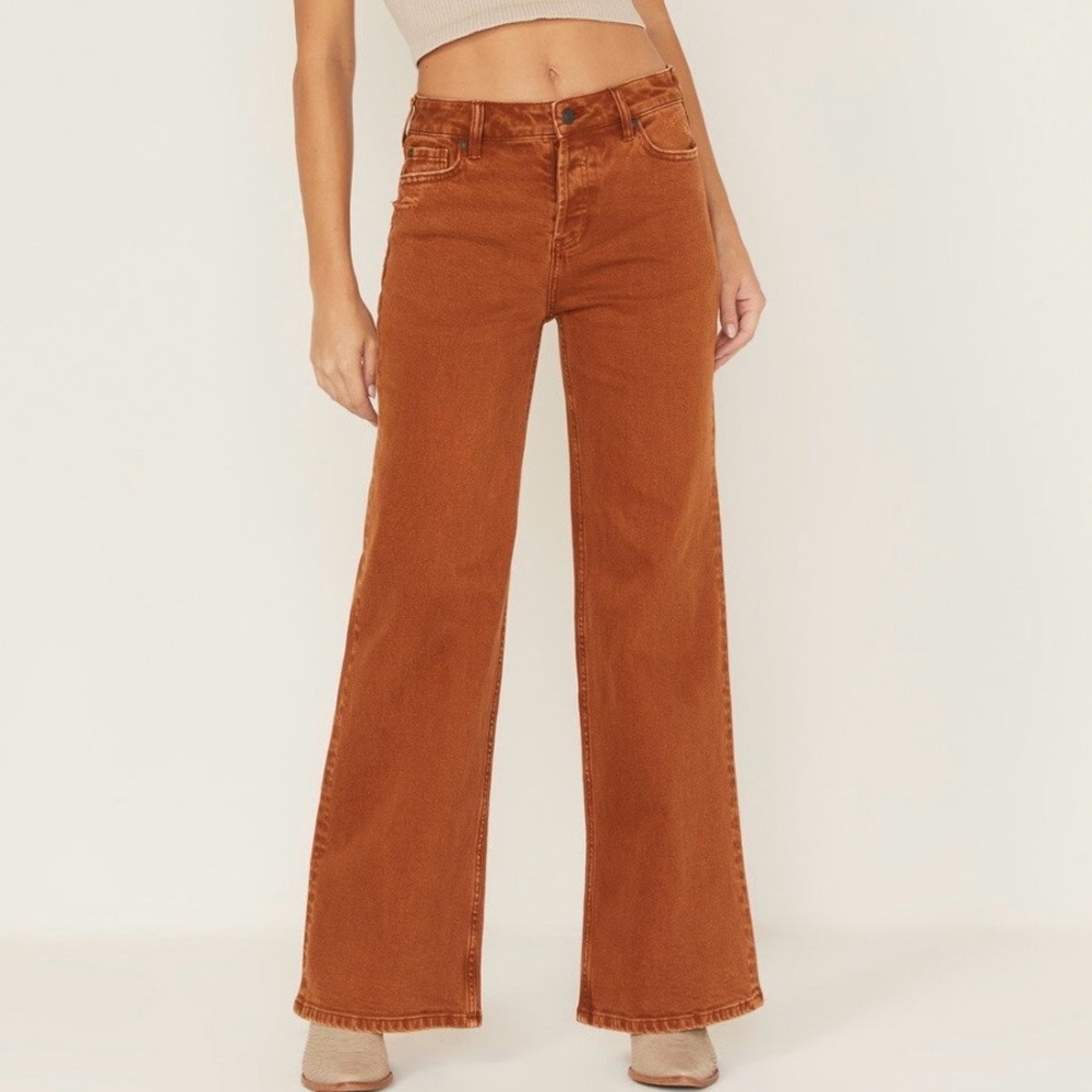 Cleo + Wolf Womens High Rise Distressed Wide-Leg Jeans